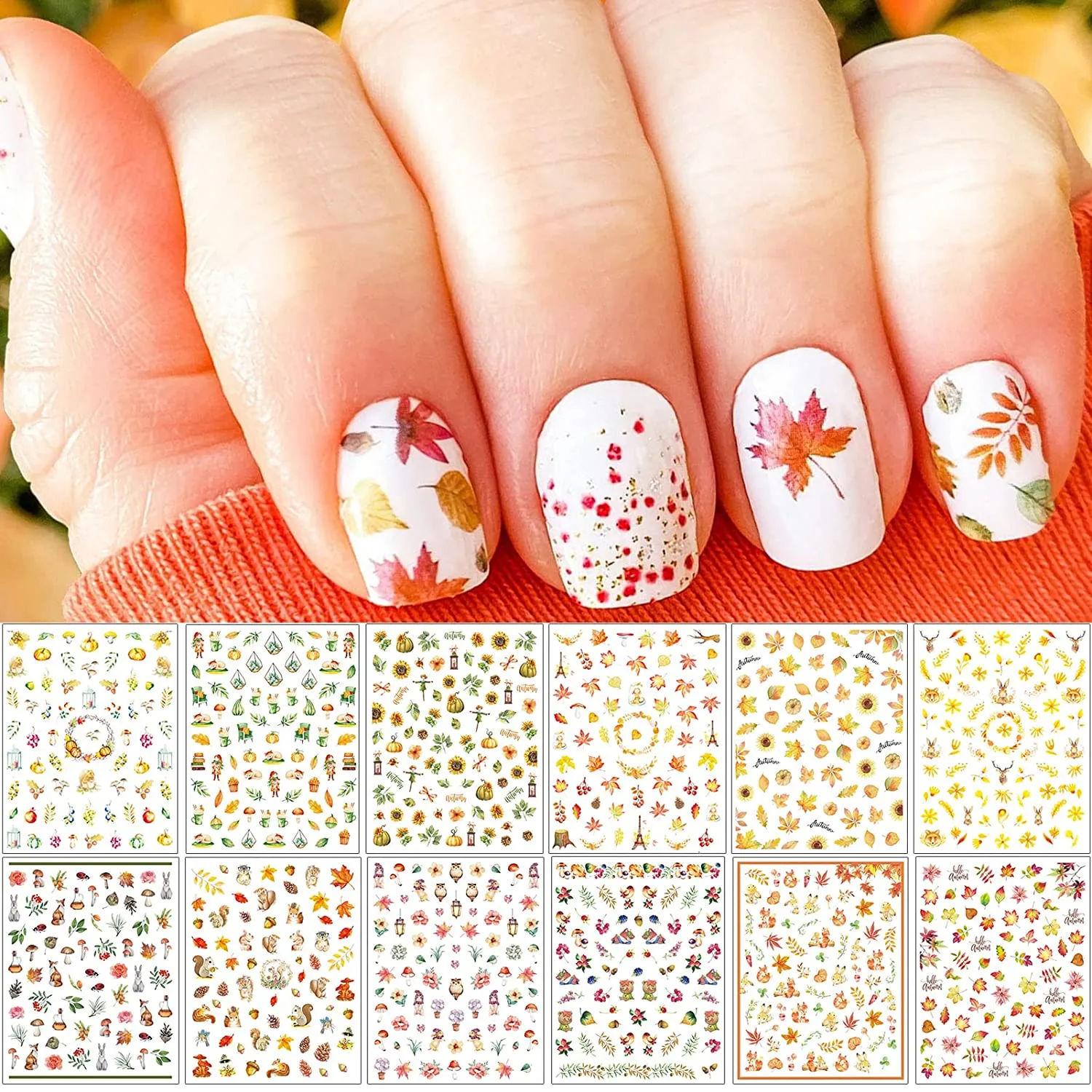 TailaiMei Summer Nail Decals Stickers, 1500  Pcs Self-Adhesive Tips DIY Nail Art Design Stencil (12 Large Sheets)