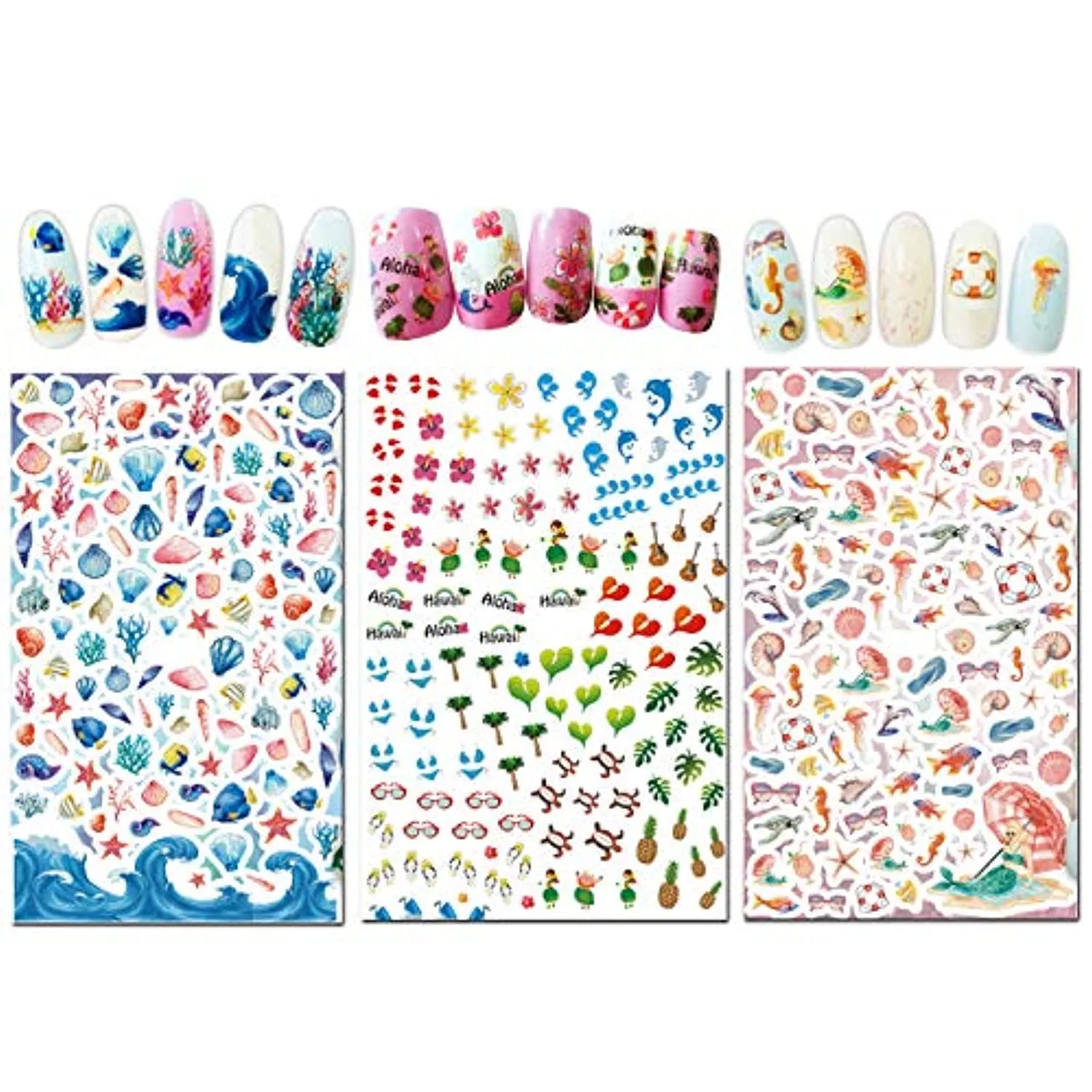 TailaiMei Summer Nail Decals Stickers, 1500  Pcs Self-Adhesive Tips DIY Nail Art Design Stencil (12 Large Sheets)