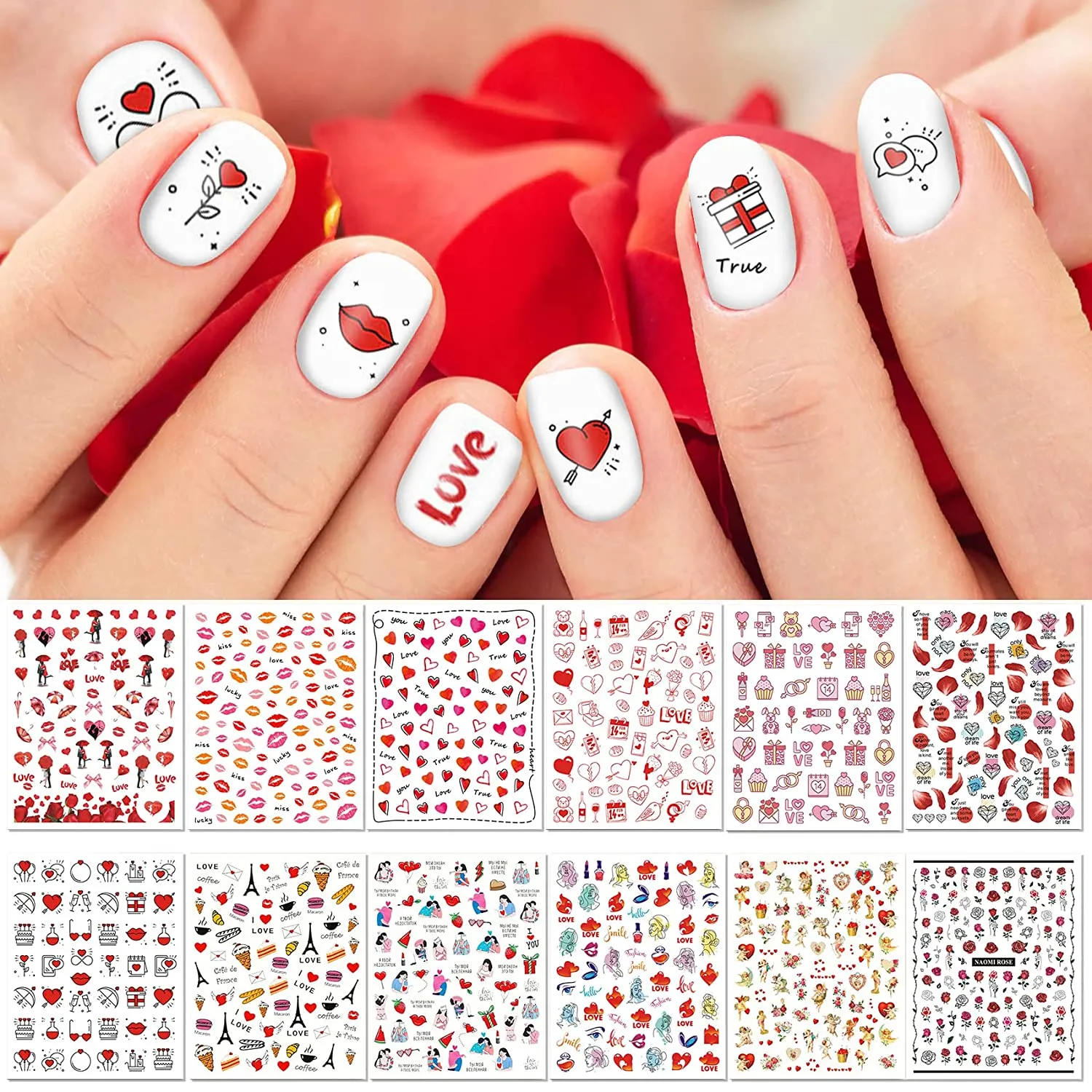 TailaiMei Summer Nail Decals Stickers, 1500  Pcs Self-Adhesive Tips DIY Nail Art Design Stencil (12 Large Sheets)