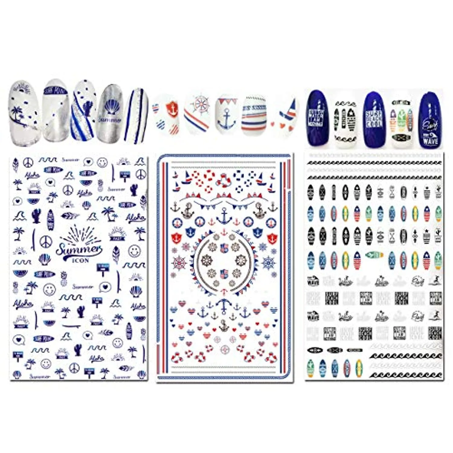 TailaiMei Summer Nail Decals Stickers, 1500  Pcs Self-Adhesive Tips DIY Nail Art Design Stencil (12 Large Sheets)