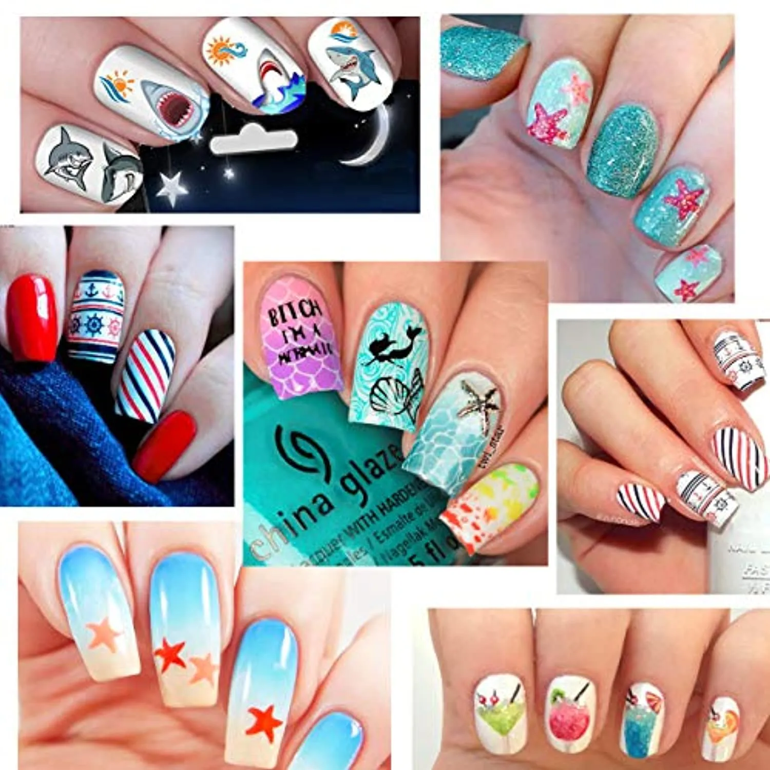 TailaiMei Summer Nail Decals Stickers, 1500  Pcs Self-Adhesive Tips DIY Nail Art Design Stencil (12 Large Sheets)