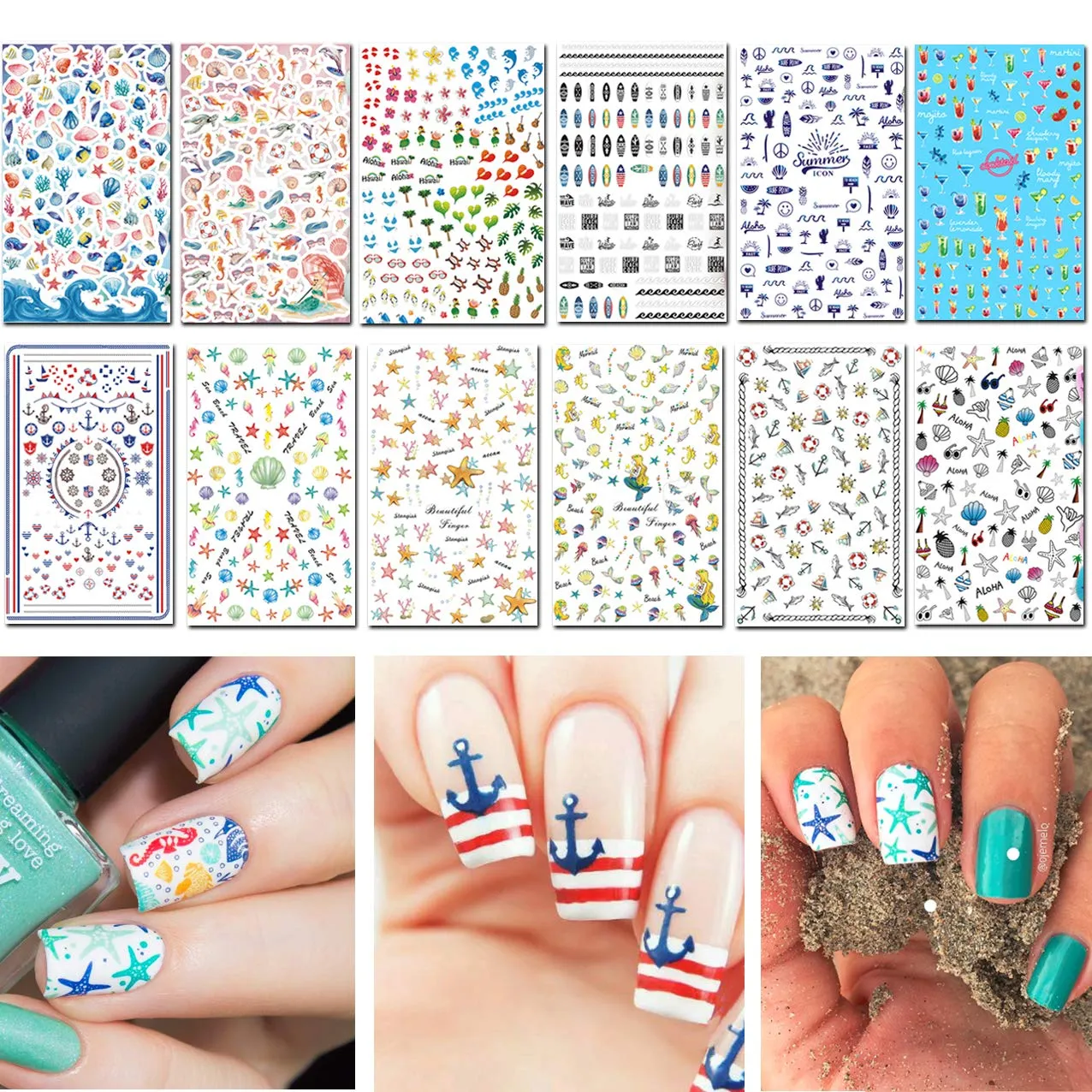TailaiMei Summer Nail Decals Stickers, 1500  Pcs Self-Adhesive Tips DIY Nail Art Design Stencil (12 Large Sheets)