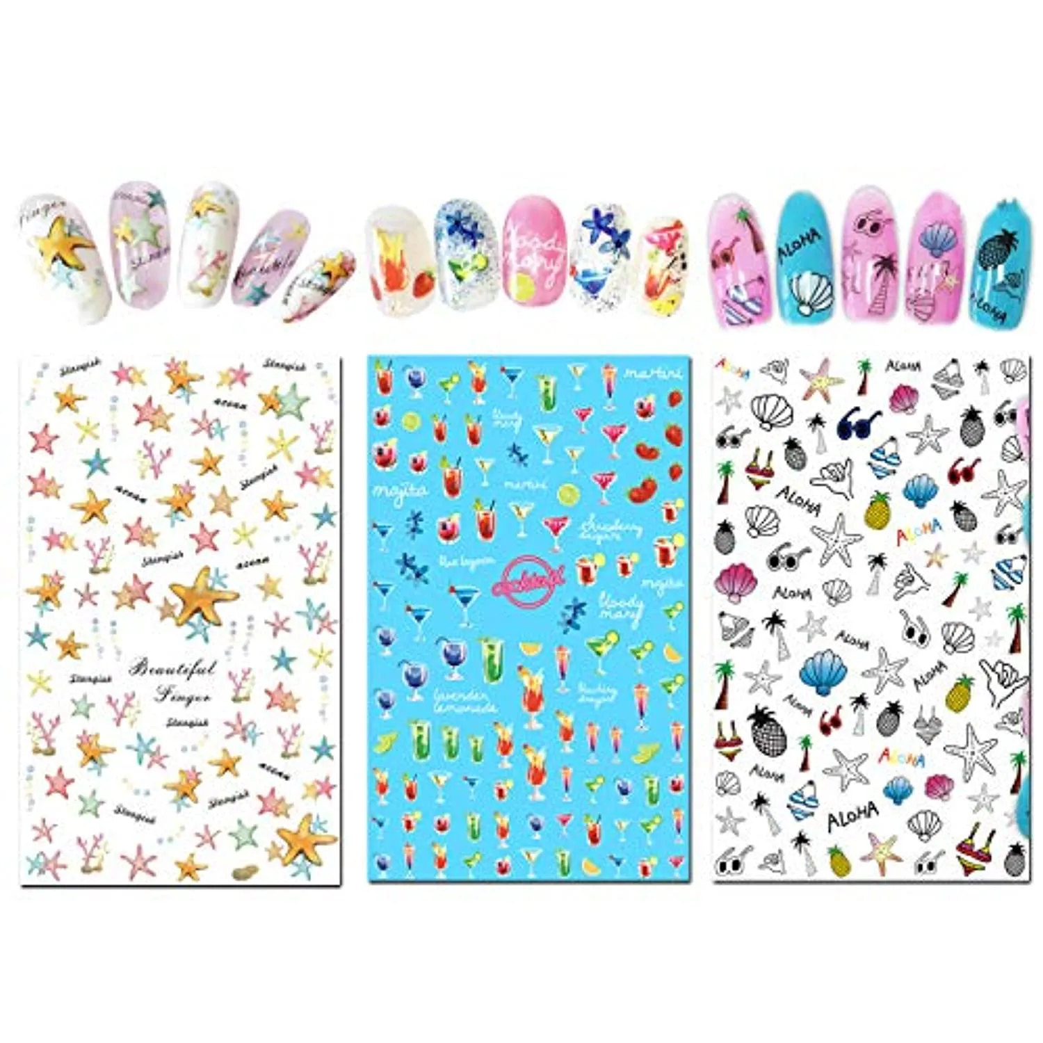 TailaiMei Summer Nail Decals Stickers, 1500  Pcs Self-Adhesive Tips DIY Nail Art Design Stencil (12 Large Sheets)