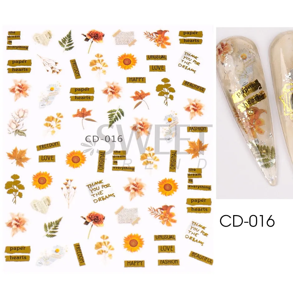 Yeknu Autumn Maple Leaf For Nail Sticker 3D Gold Yellow Fall Hollow Leaf Foil Design Adhesive Decal Slider Nail Decoration BESW-CS034