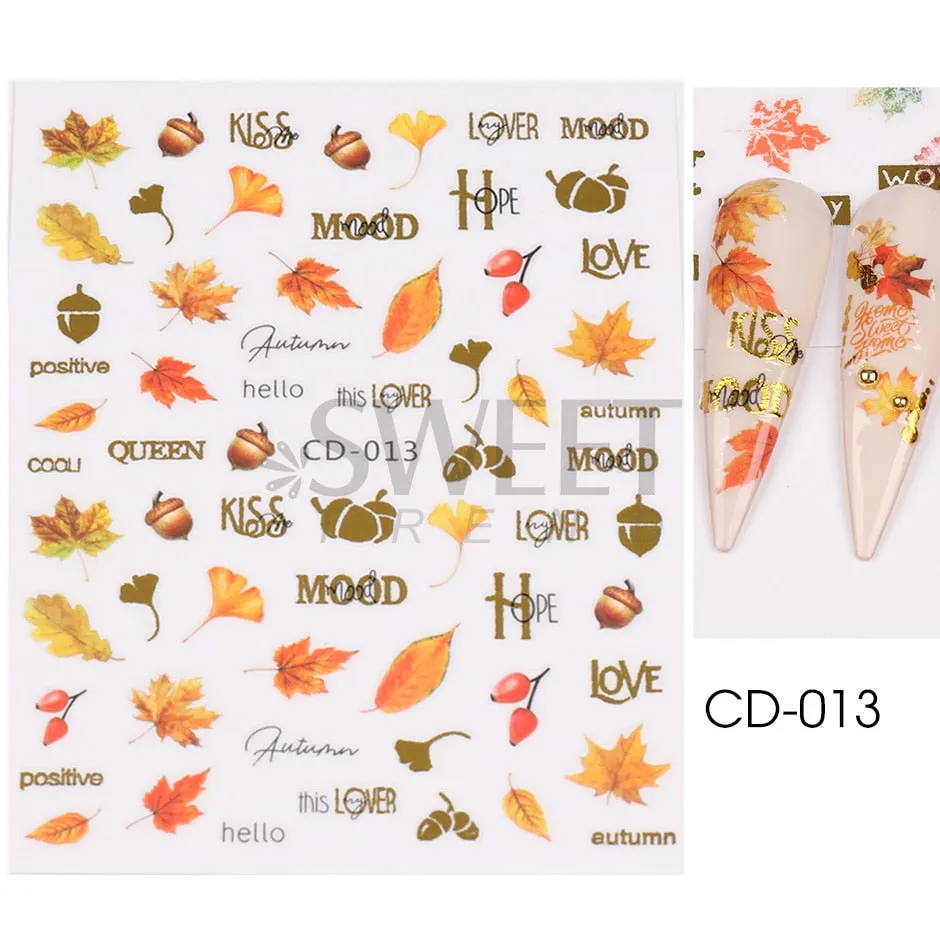 Yeknu Autumn Maple Leaf For Nail Sticker 3D Gold Yellow Fall Hollow Leaf Foil Design Adhesive Decal Slider Nail Decoration BESW-CS034