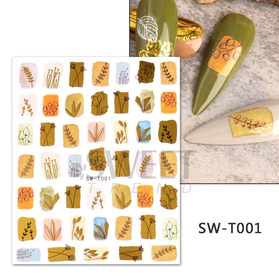 Yeknu Autumn Maple Leaf For Nail Sticker 3D Gold Yellow Fall Hollow Leaf Foil Design Adhesive Decal Slider Nail Decoration BESW-CS034