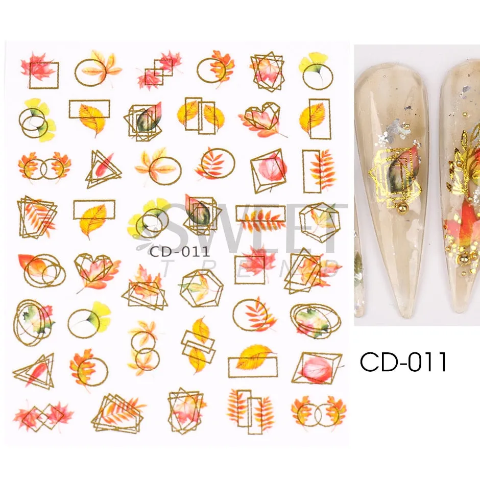 Yeknu Autumn Maple Leaf For Nail Sticker 3D Gold Yellow Fall Hollow Leaf Foil Design Adhesive Decal Slider Nail Decoration BESW-CS034