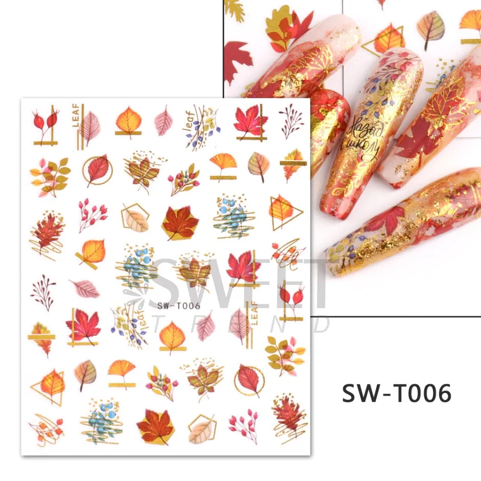 Yeknu Autumn Maple Leaf For Nail Sticker 3D Gold Yellow Fall Hollow Leaf Foil Design Adhesive Decal Slider Nail Decoration BESW-CS034