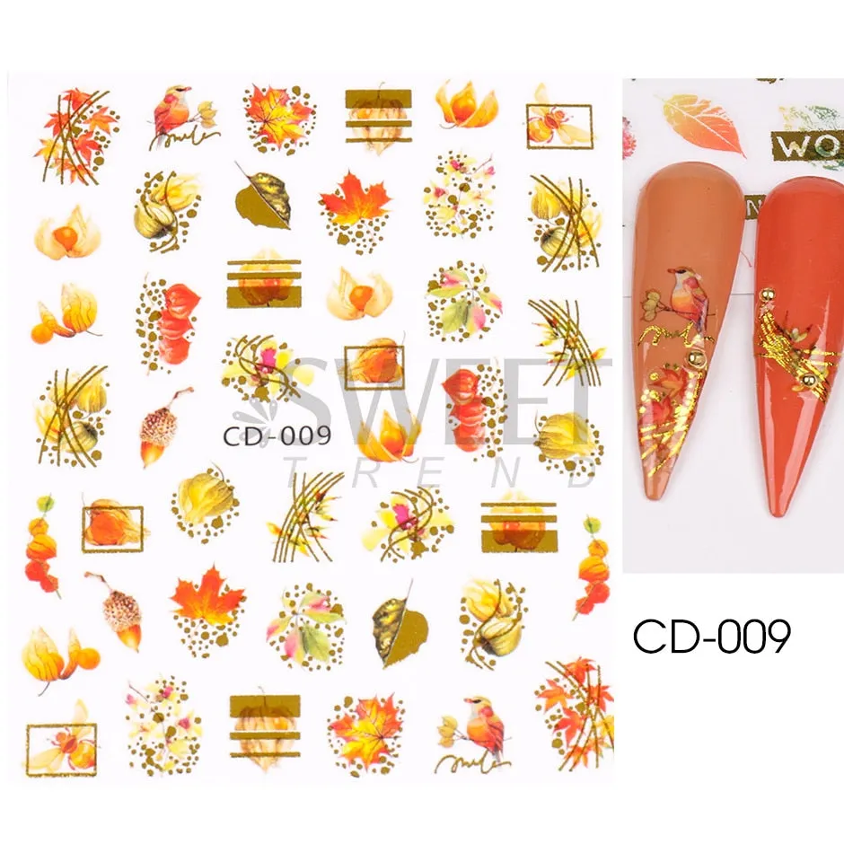 Yeknu Autumn Maple Leaf For Nail Sticker 3D Gold Yellow Fall Hollow Leaf Foil Design Adhesive Decal Slider Nail Decoration BESW-CS034