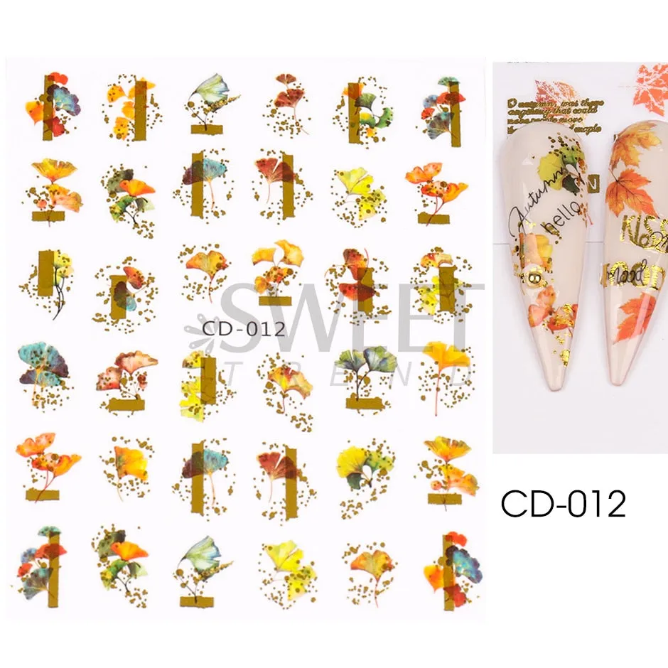 Yeknu Autumn Maple Leaf For Nail Sticker 3D Gold Yellow Fall Hollow Leaf Foil Design Adhesive Decal Slider Nail Decoration BESW-CS034