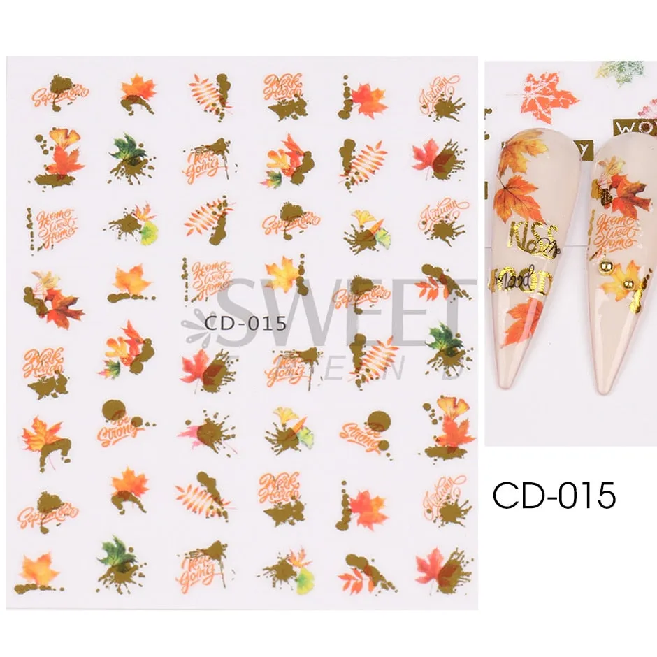 Yeknu Autumn Maple Leaf For Nail Sticker 3D Gold Yellow Fall Hollow Leaf Foil Design Adhesive Decal Slider Nail Decoration BESW-CS034