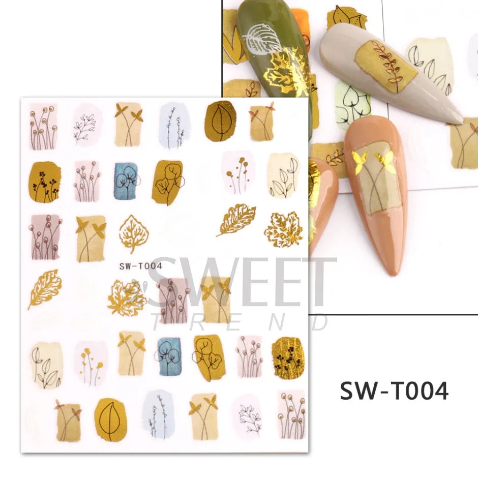 Yeknu Autumn Maple Leaf For Nail Sticker 3D Gold Yellow Fall Hollow Leaf Foil Design Adhesive Decal Slider Nail Decoration BESW-CS034