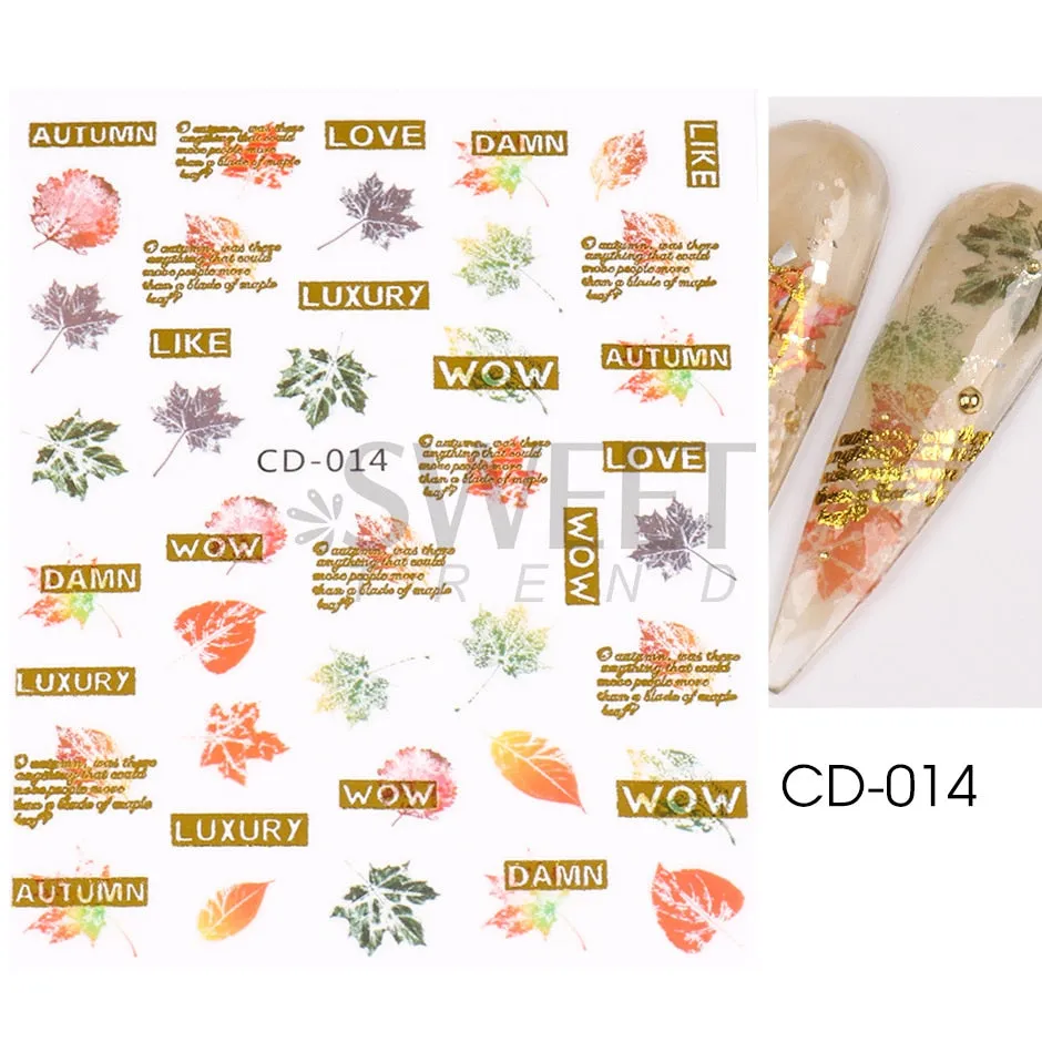 Yeknu Autumn Maple Leaf For Nail Sticker 3D Gold Yellow Fall Hollow Leaf Foil Design Adhesive Decal Slider Nail Decoration BESW-CS034