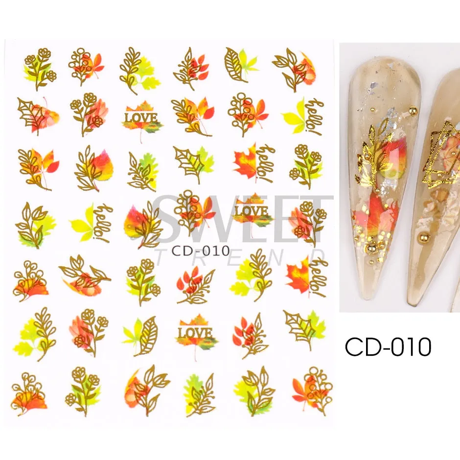 Yeknu Autumn Maple Leaf For Nail Sticker 3D Gold Yellow Fall Hollow Leaf Foil Design Adhesive Decal Slider Nail Decoration BESW-CS034