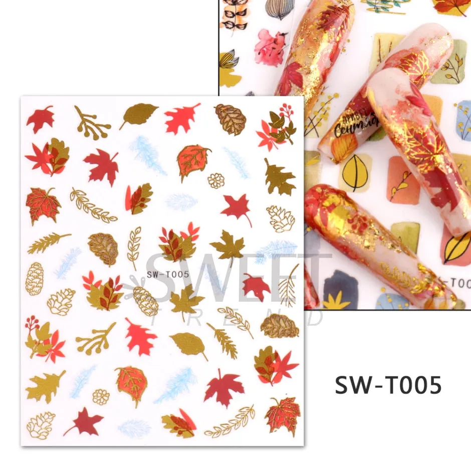 Yeknu Autumn Maple Leaf For Nail Sticker 3D Gold Yellow Fall Hollow Leaf Foil Design Adhesive Decal Slider Nail Decoration BESW-CS034