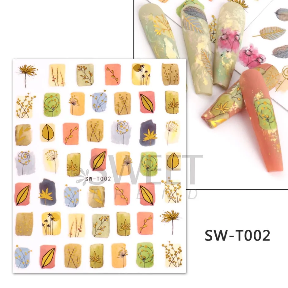 Yeknu Autumn Maple Leaf For Nail Sticker 3D Gold Yellow Fall Hollow Leaf Foil Design Adhesive Decal Slider Nail Decoration BESW-CS034